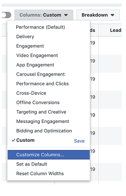 facebook ad manager customise columns